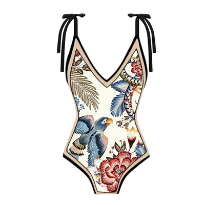 Vintage V-Neck  Bird Printed Swimsuit