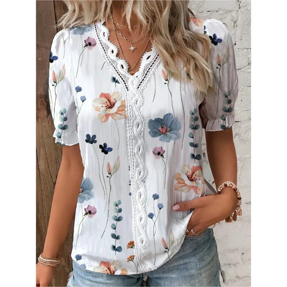 Summer Breeze V-Neck Lace Patchwork Top