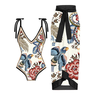 Vintage V-Neck  Bird Printed Swimsuit