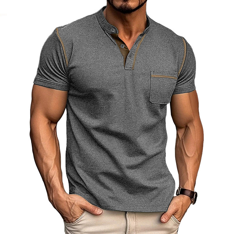 Men's Casual Colorblock Henley Collar Short Sleeve T-Shirt