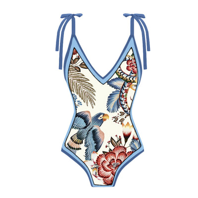 Vintage V-Neck  Bird Printed Swimsuit