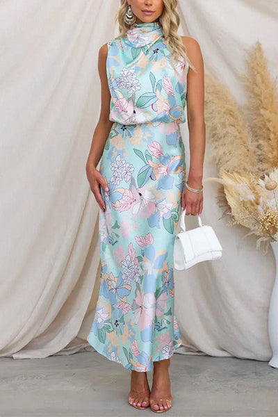 Regular Tie Neck Waisted Floral Printed Maxi Satin Dress