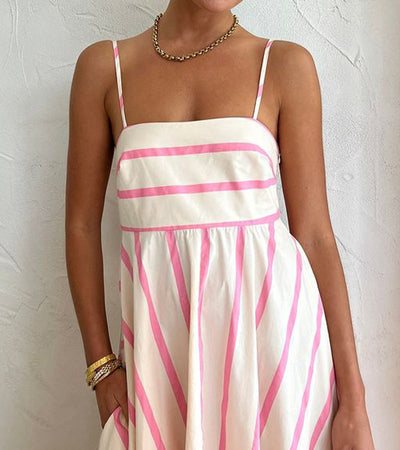 Summer Pink Stripe Patch Work Slip Dress