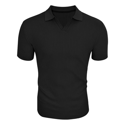 Men's Solid Striped Lapel Short Sleeve Polo Shirt