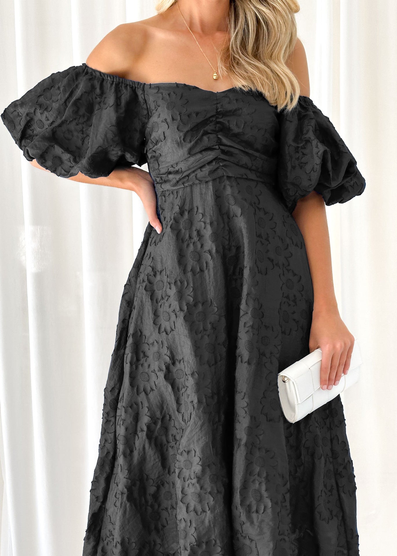 Elegant Floral Bubble Sleeves Maxi Dress