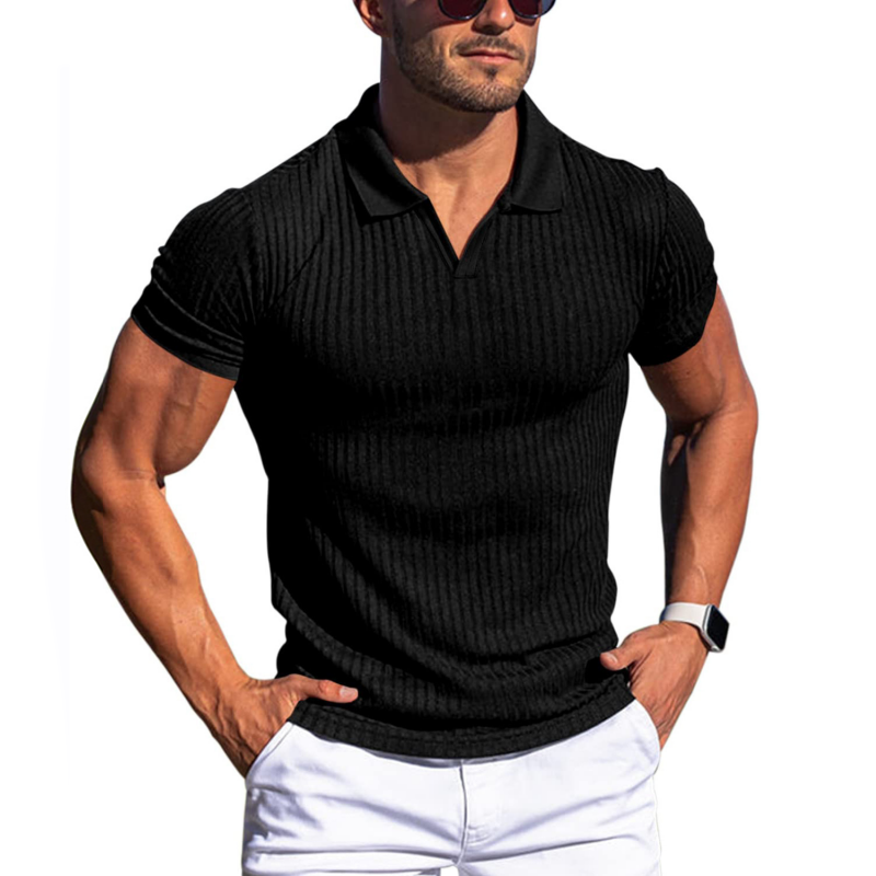 Men's Solid Striped Lapel Short Sleeve Polo Shirt