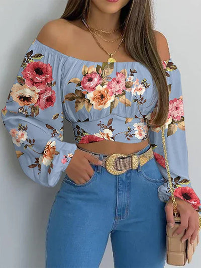 Chic Lace-Up Off-Shoulder Print Blouse