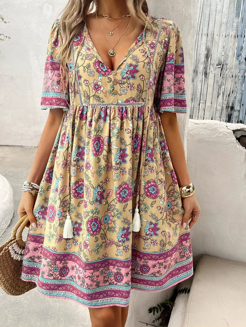 Ariana™ Floral V-Neck Boho Mini Dress