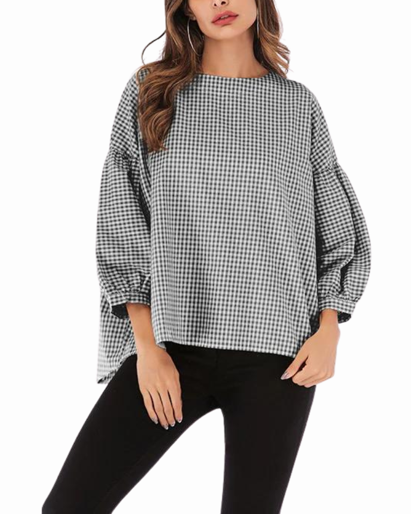 Evelyn - Casual Plaid Blouse with a Wide Neck