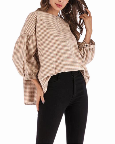 Evelyn - Casual Plaid Blouse with a Wide Neck