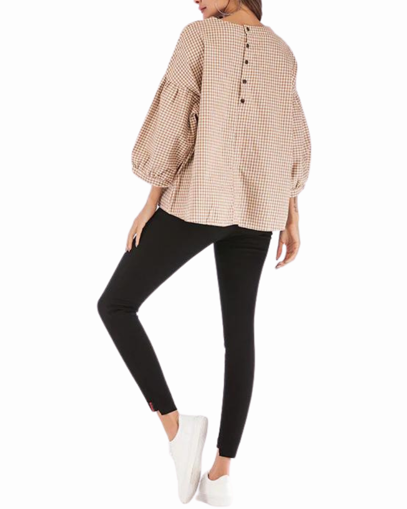 Evelyn - Casual Plaid Blouse with a Wide Neck