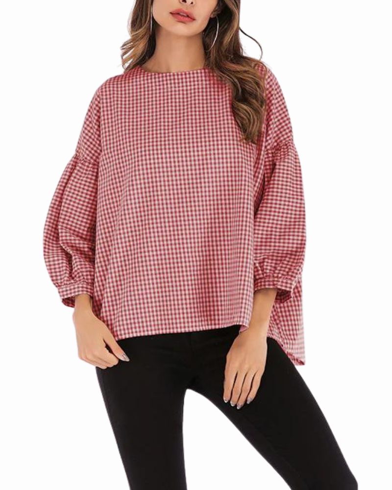 Evelyn - Casual Plaid Blouse with a Wide Neck