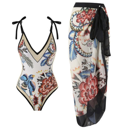 V-neck abstract puzzle print swimsuit