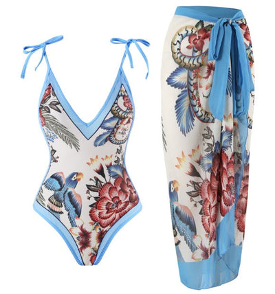 V-neck abstract puzzle print swimsuit