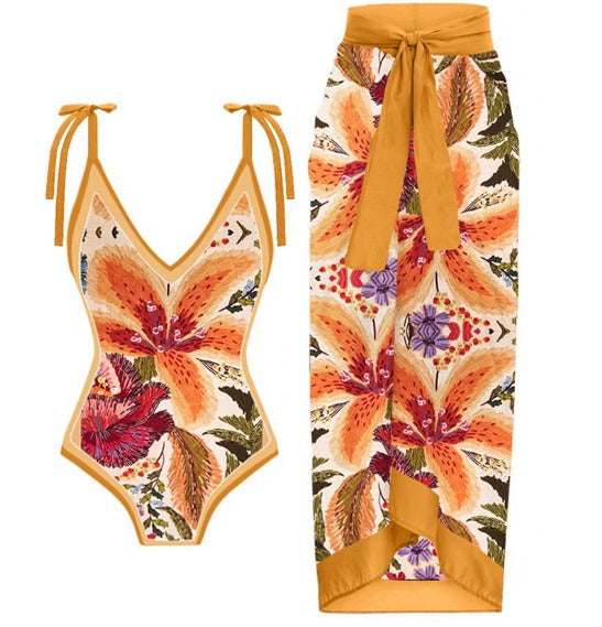 V-neck abstract puzzle print swimsuit