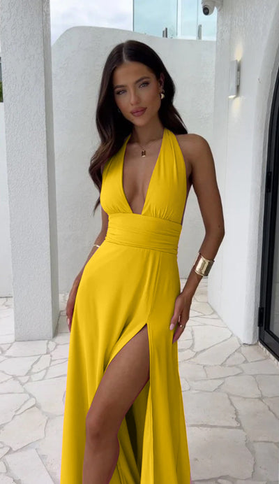 Sultry Split Solid V-Neck Dress