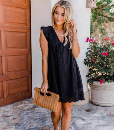 V-Neck Lace Beach Dress with Pockets