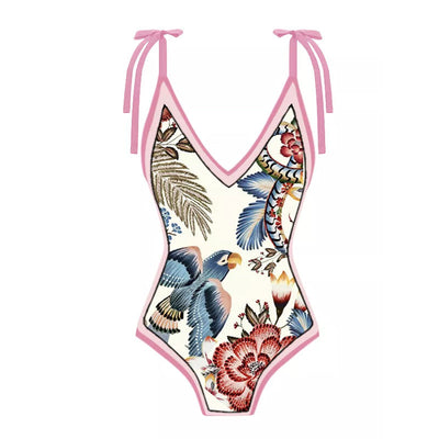 Vintage V-Neck  Bird Printed Swimsuit