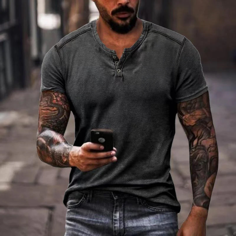 Men's Casual Solid Color Henley Collar Short Sleeve T-Shirt