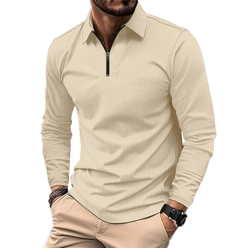 Men's Casual Waffle Zipper Long Sleeve Polo Shirt