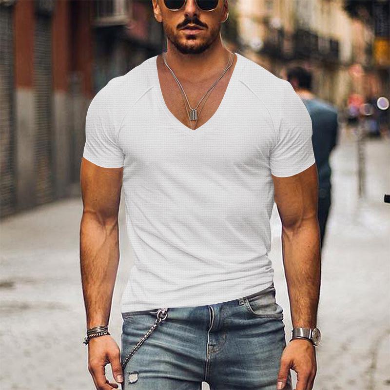 Men's Waffle Solid Color V Neck Solid Color T-Shirt