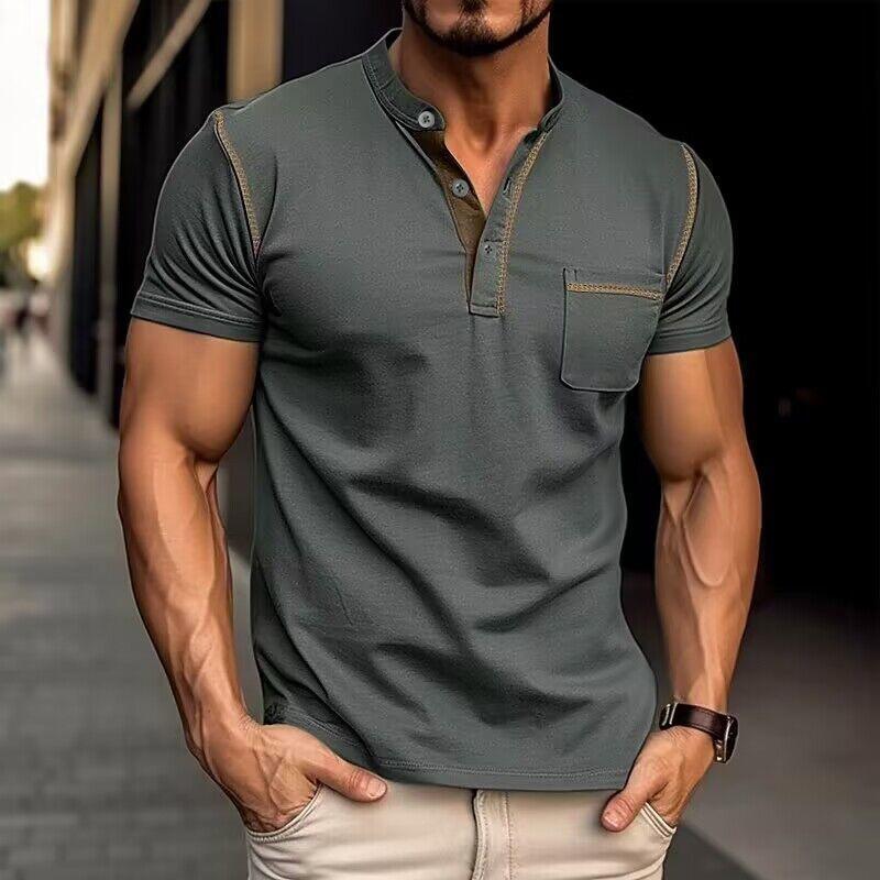 Men's Casual Colorblock Henley Collar Short Sleeve T-Shirt