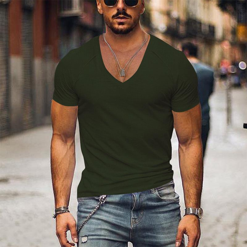 Men's Waffle Solid Color V Neck Solid Color T-Shirt