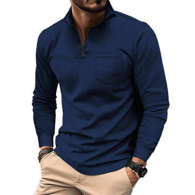 Men's Zip Long Sleeve Waffle POLO Shirt