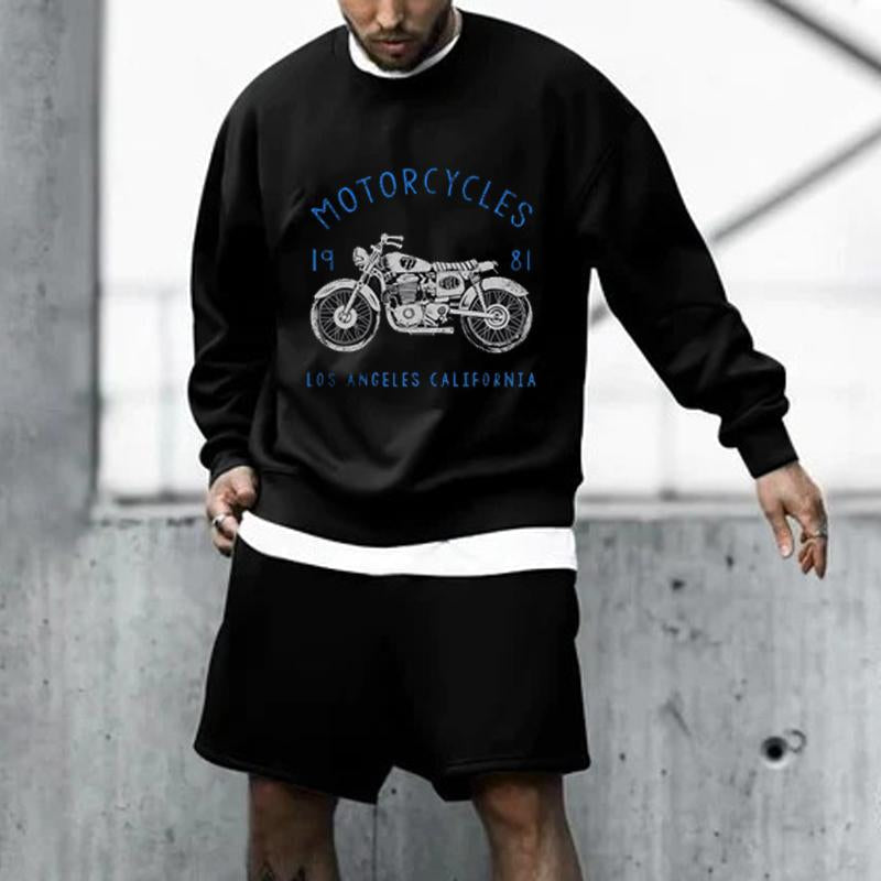 Men's Sports Casual Printed Round Neck Sweatshirt Shorts Set