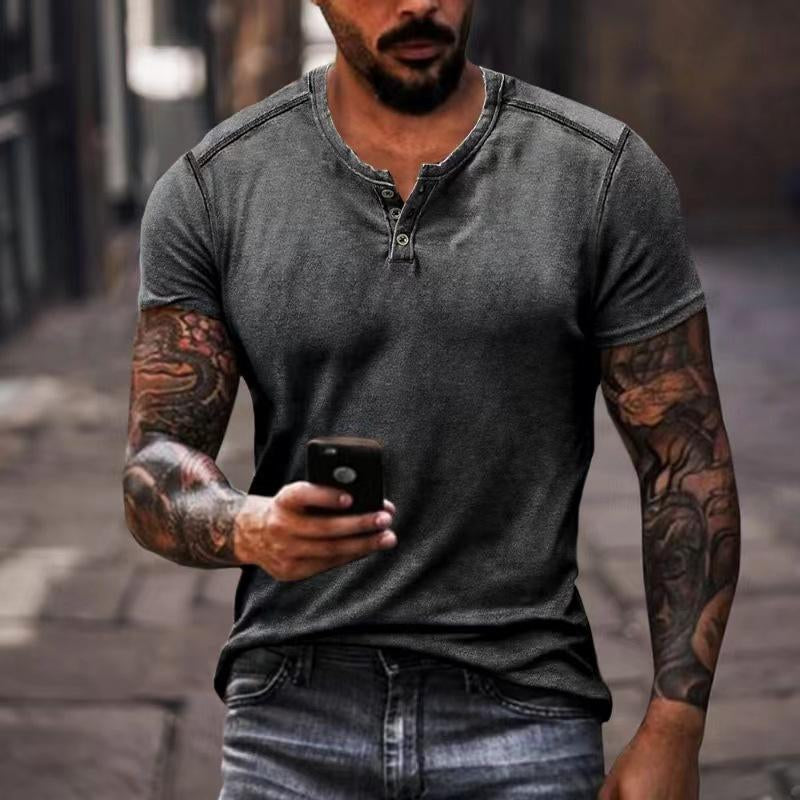 Men's Casual Solid Color Henley Collar Short Sleeve T-Shirt