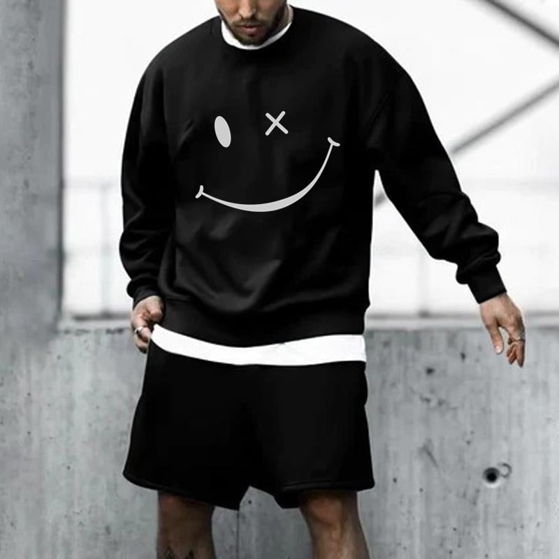 Men's Sports Casual Printed Round Neck Sweatshirt Shorts Set