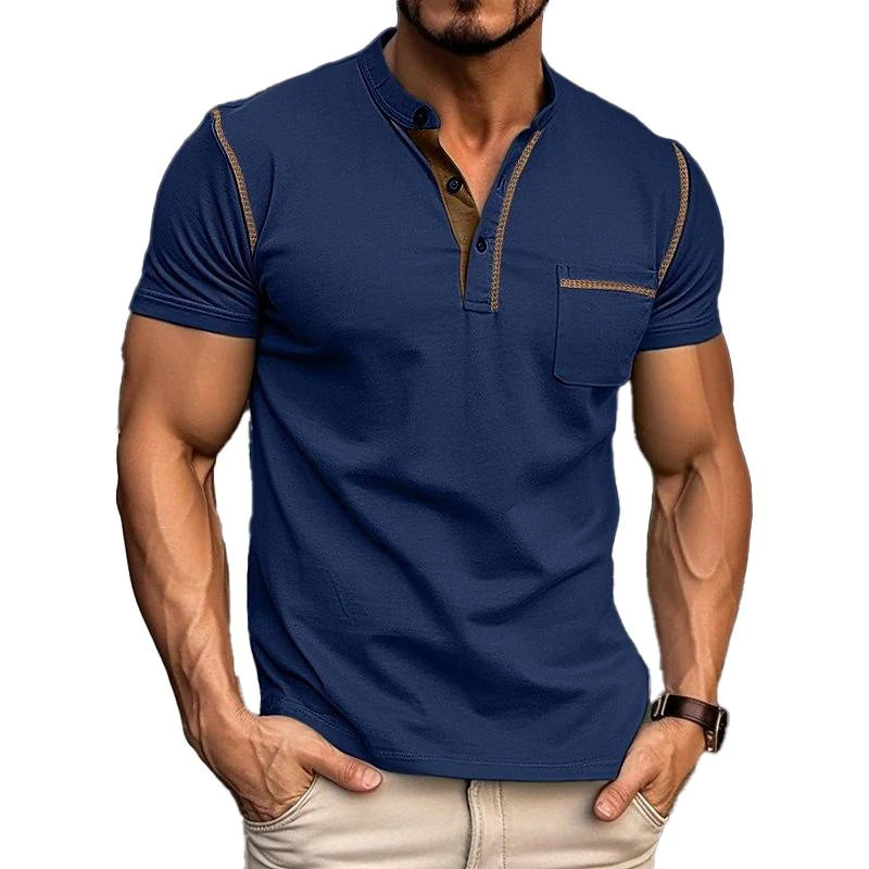 Men's Casual Colorblock Henley Collar Short Sleeve T-Shirt