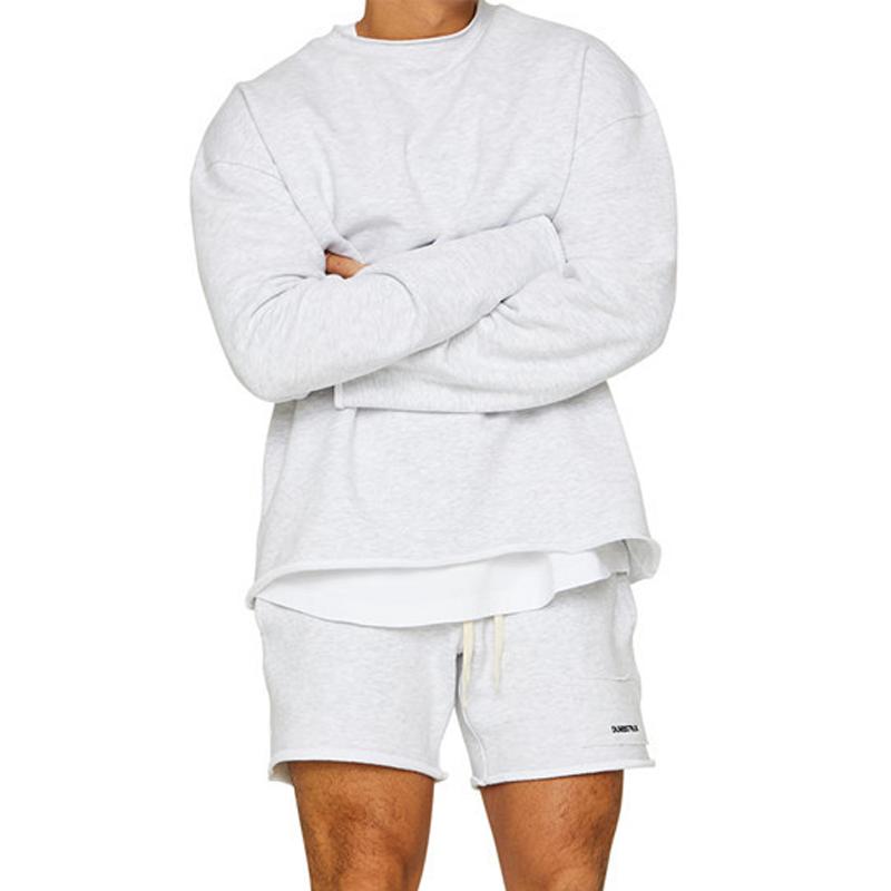 Men's Fashion Solid Color Loose Rolled Sweatshirt Shorts Set