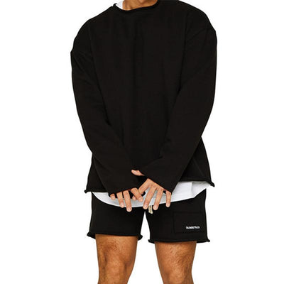 Men's Fashion Solid Color Loose Rolled Sweatshirt Shorts Set