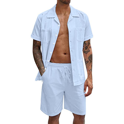 Men's Lapel Pocket Short Sleeve Shirt Shorts Set