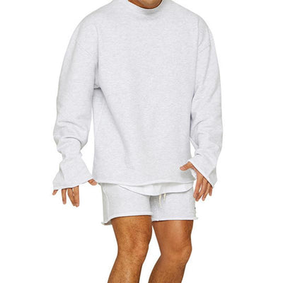 Men's Fashion Solid Color Loose Rolled Sweatshirt Shorts Set