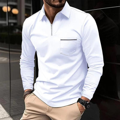 Men's Solid Zipper Lapel Breast Pocket Long Sleeve Polo Shirt